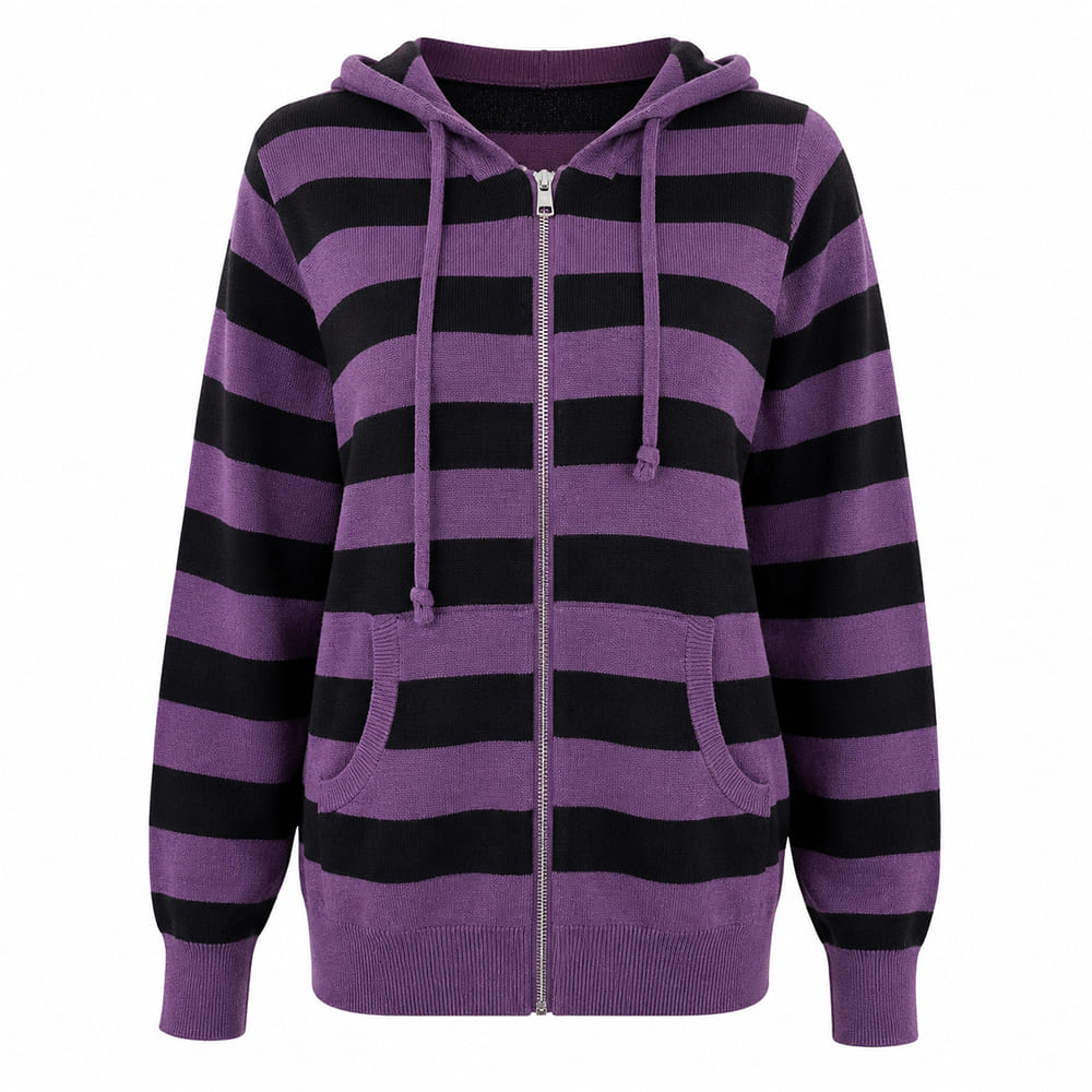 Purple & Black Striped Lightweight Knit Hoodie