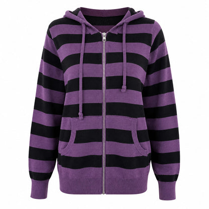 Purple & Black Striped Lightweight Knit Hoodie