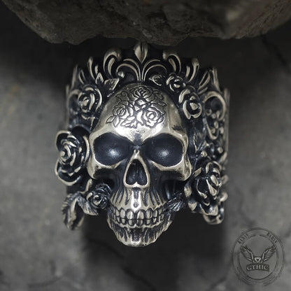 Rose Vine Pattern Skull Sterling Silver Ring