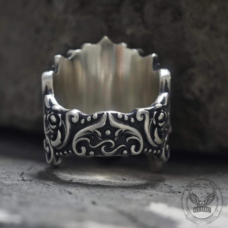 Rose Vine Pattern Skull Sterling Silver Ring