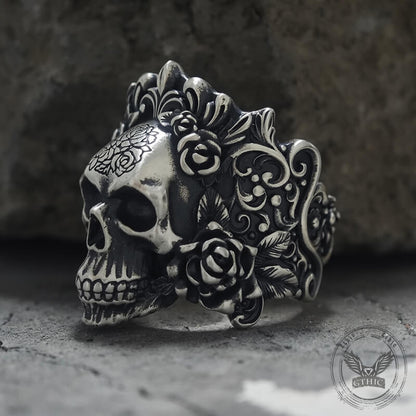 Rose Vine Pattern Skull Sterling Silver Ring