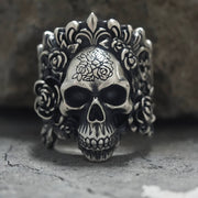 Rose Vine Pattern Skull Sterling Silver Ring