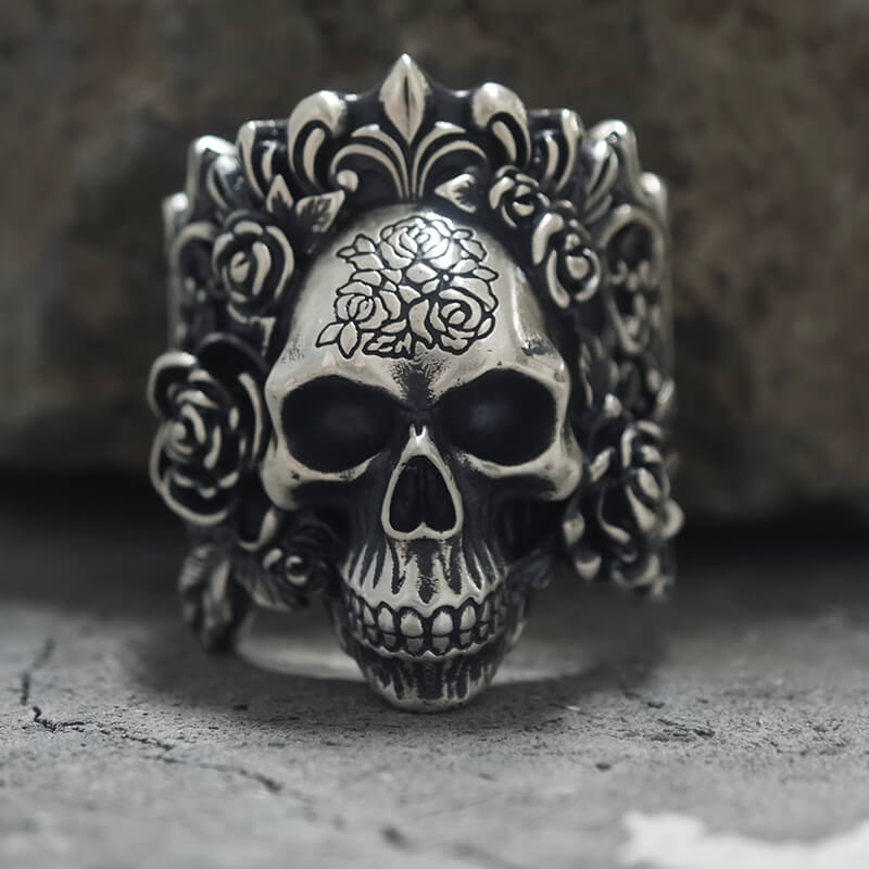 Rose Vine Pattern Skull Sterling Silver Ring