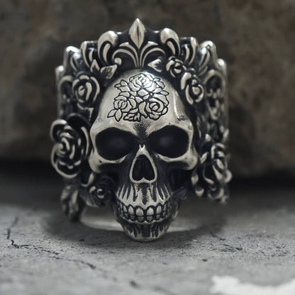 Rose Vine Pattern Skull Sterling Silver Ring