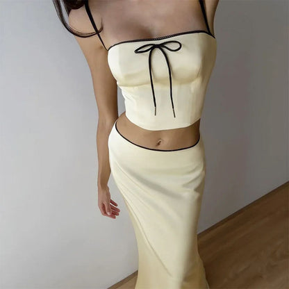 French Summer Satin Top & Maxi Skirt Set