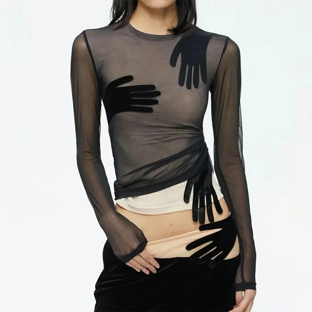 Sheer Hand Print Long Sleeve Top