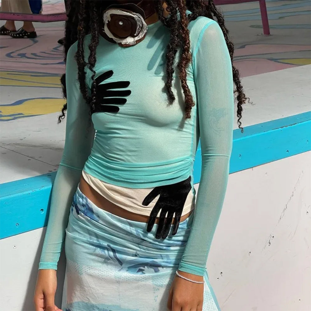 Sheer Hand Print Long Sleeve Top