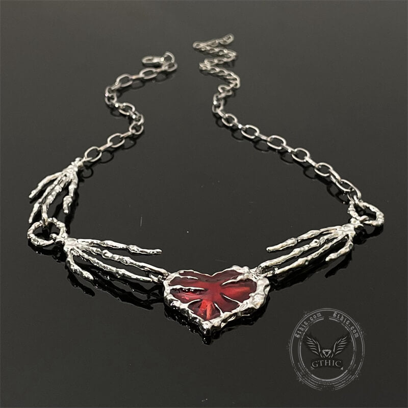 Skeleton Hands Red Heart Alloy Choker Necklace