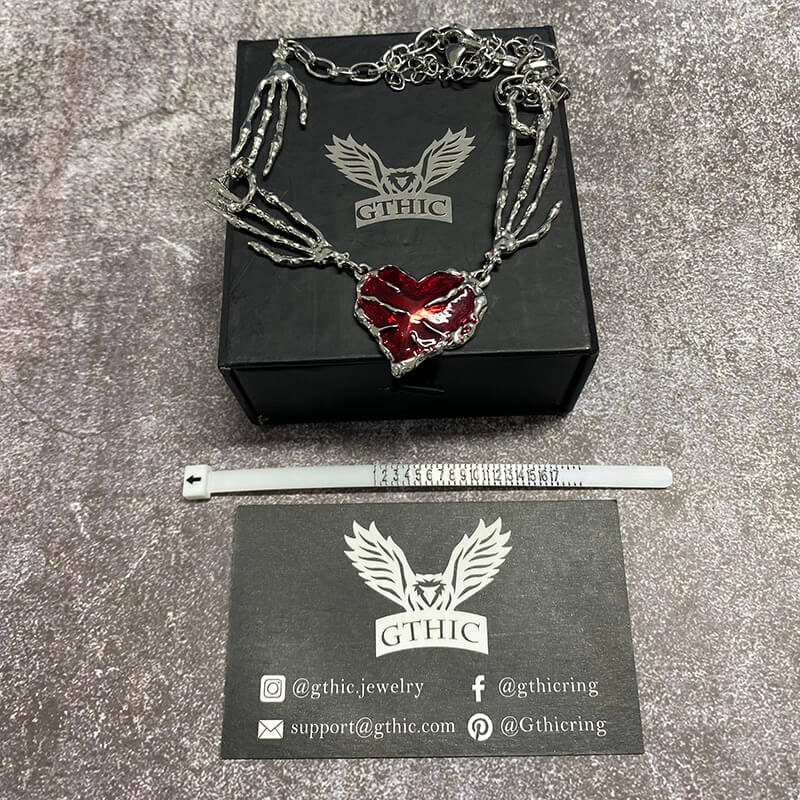 Skeleton Hands Red Heart Alloy Choker Necklace