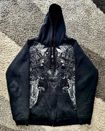 Skull Print Zipper Casual Hoodie