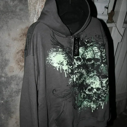 Skull Print Zipper Casual Hoodie