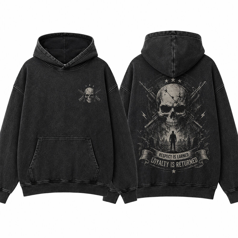 Skull Crossbones Rifle Washed Washed Cotton Hoodie