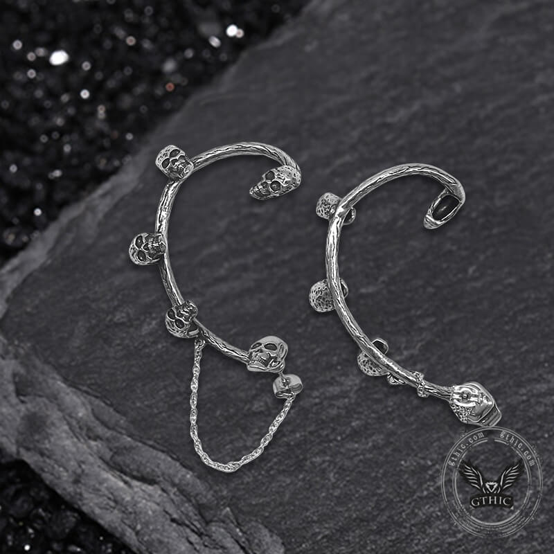 Skull Heads Stainless Steel Ear Cuffs Chain Earrings
