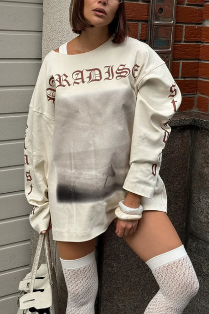 Slouchy Vintage Distressed Print Casual Sweatshirt