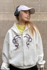 Snake Print Rhinestone Zip Up Cropped Hoodie