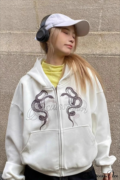 Snake Print Rhinestone Zip Up Cropped Hoodie