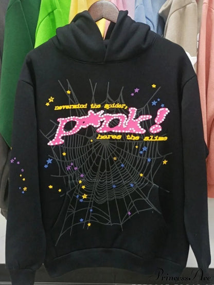 Spider Web Letter Print Fleece Cotton Thick Hoodie