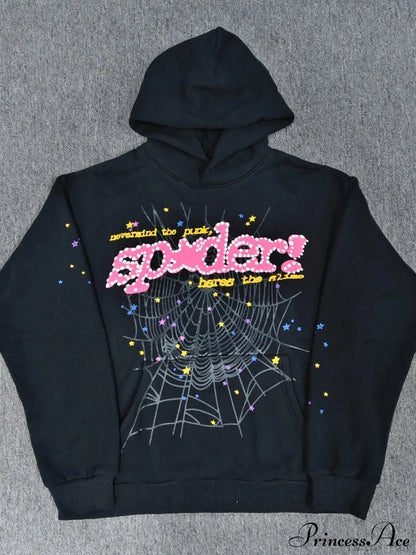 Spider Web Letter Print Fleece Cotton Thick Hoodie