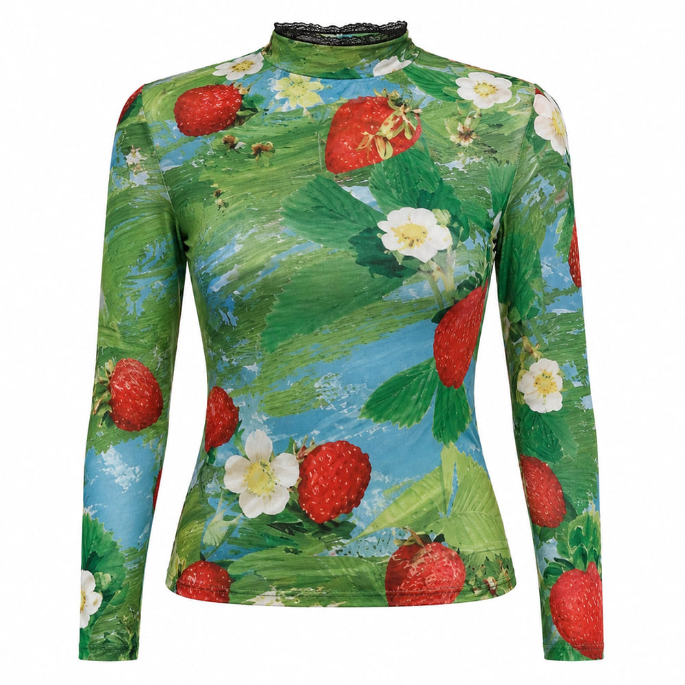 Strawberry Print Mesh Long Sleeve Top