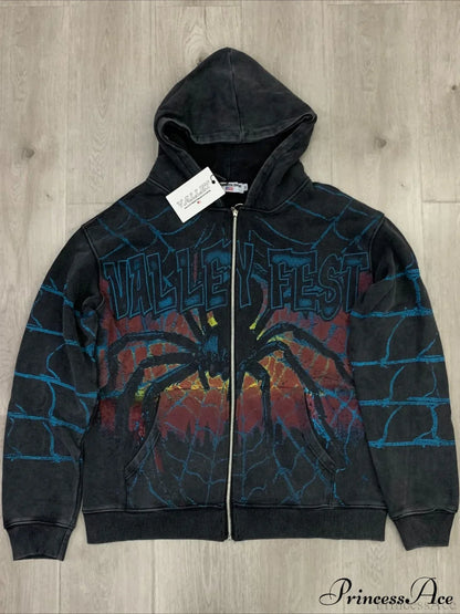Streetwear Spider Web Vintage Print Zip Hoodie
