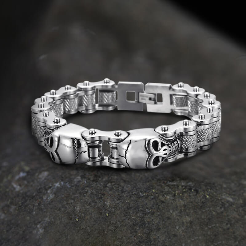 Two Skulls Stainless Steel Biker Bracelet