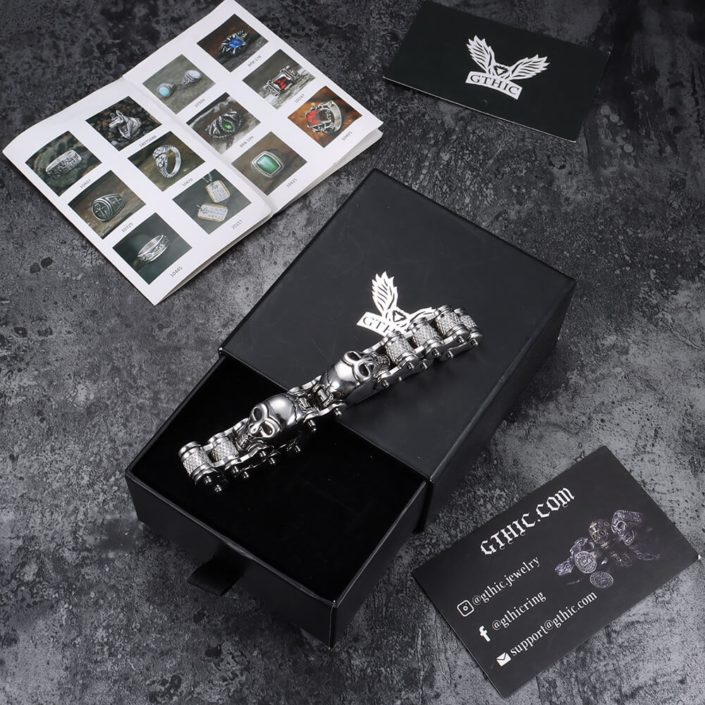Two Skulls Stainless Steel Biker Bracelet