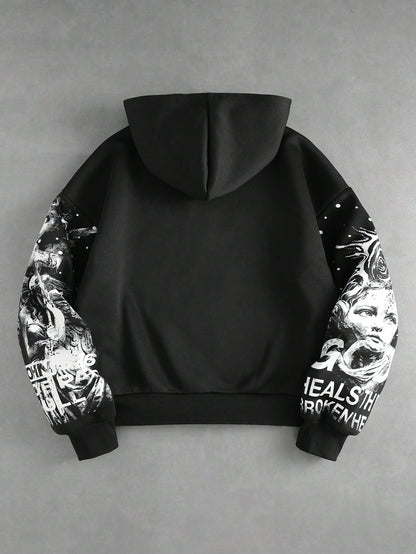 Men Loose Fit Angel Print Zip-Up Hoodie