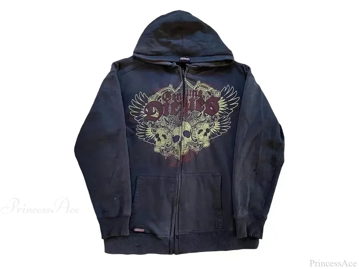 Vintage Gothic Skull Zip Up Hoodie