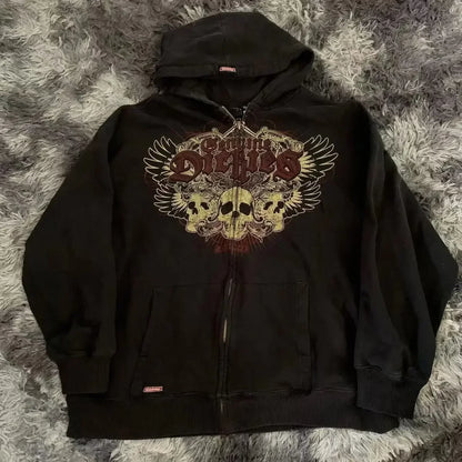 Vintage Gothic Skull Zip Up Hoodie