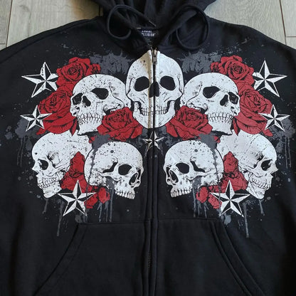 Vintage Skull Rose Print Hoodie