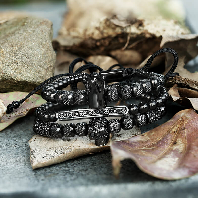 Vintage Crown Stainless Steel Skull Bracelet Set