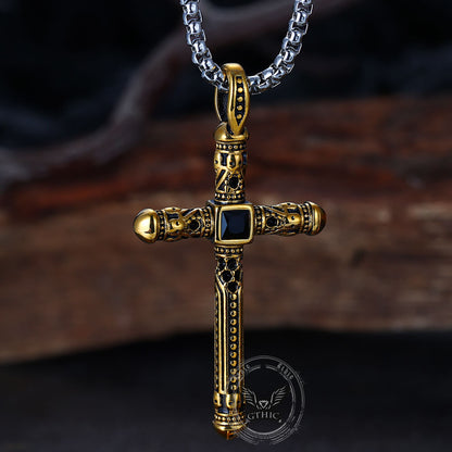 Vintage Gemstone Cross Skull Stainless Steel Pendant