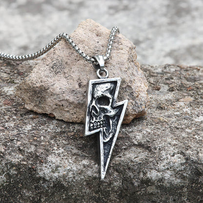 Vintage Lightning Bolt Skull Stainless Steel Pendant