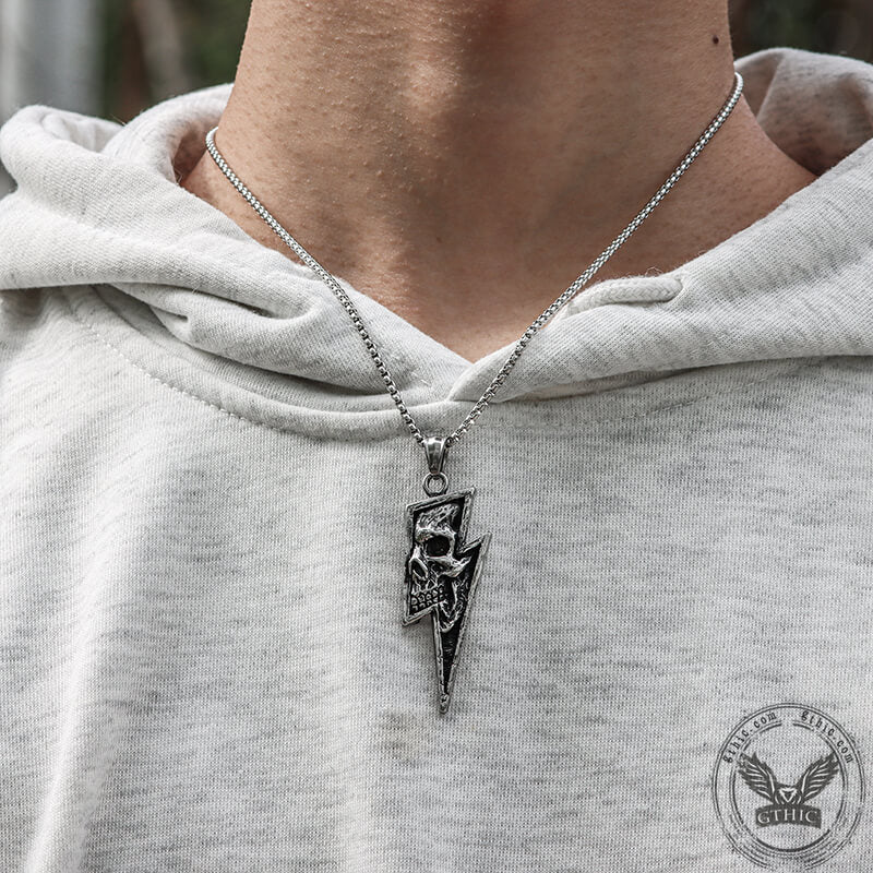 Vintage Lightning Bolt Skull Stainless Steel Pendant