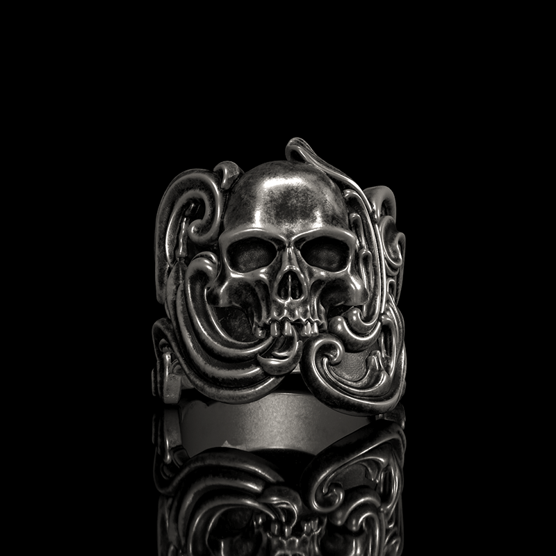 Vintage Pattern Sterling Silver Skull Ring