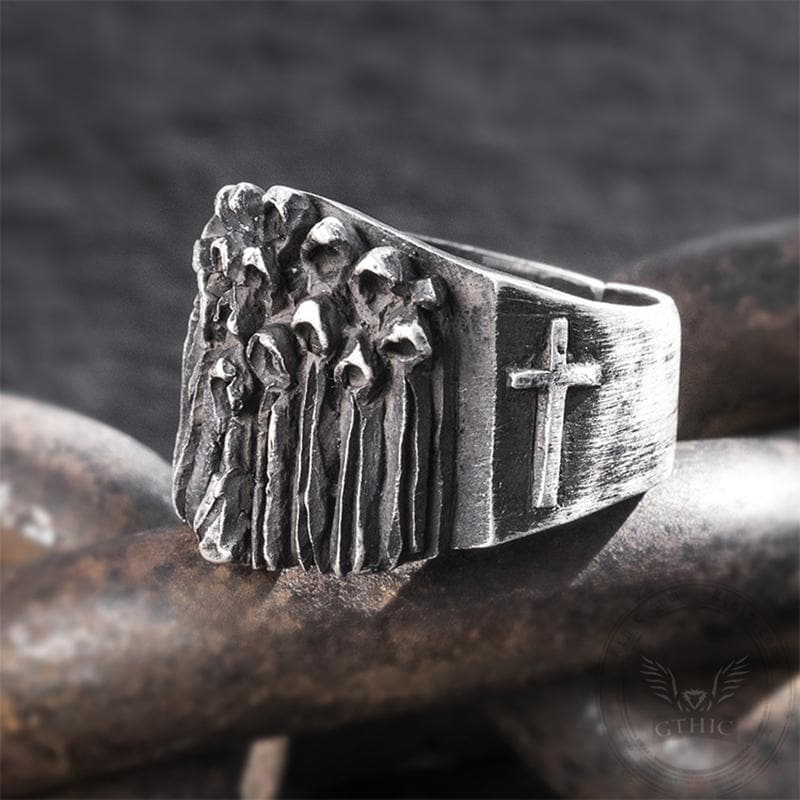 Vintage Ruin Cross Brass Sterling Silver Skull Ring