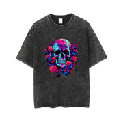 Vintage Washed Flower Skull Print T-shirt