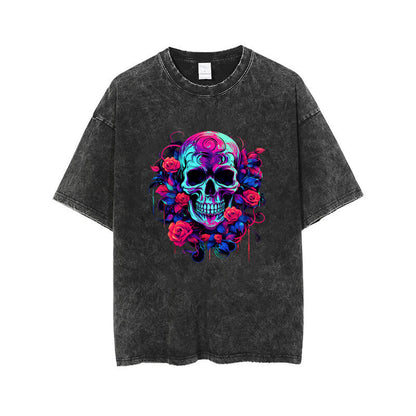 Vintage Washed Flower Skull Print T-shirt