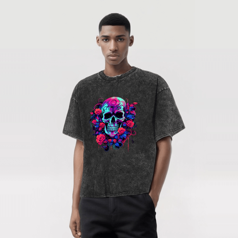Vintage Washed Flower Skull Print T-shirt