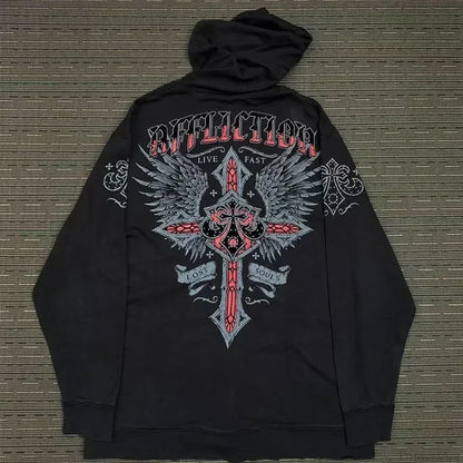 Washed Gothic Letter Zipper Hoodie
