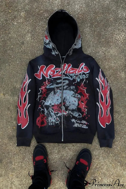 Y2K Dark Hip-Hop Cartoon Zip Hoodie