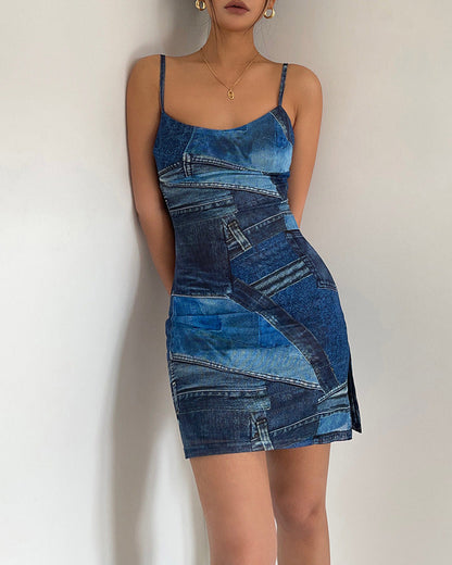 Y2K Denim Print Mini Dress