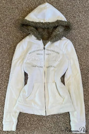 Y2K Solid Fleece Embroidered Letter Zip Hoodie