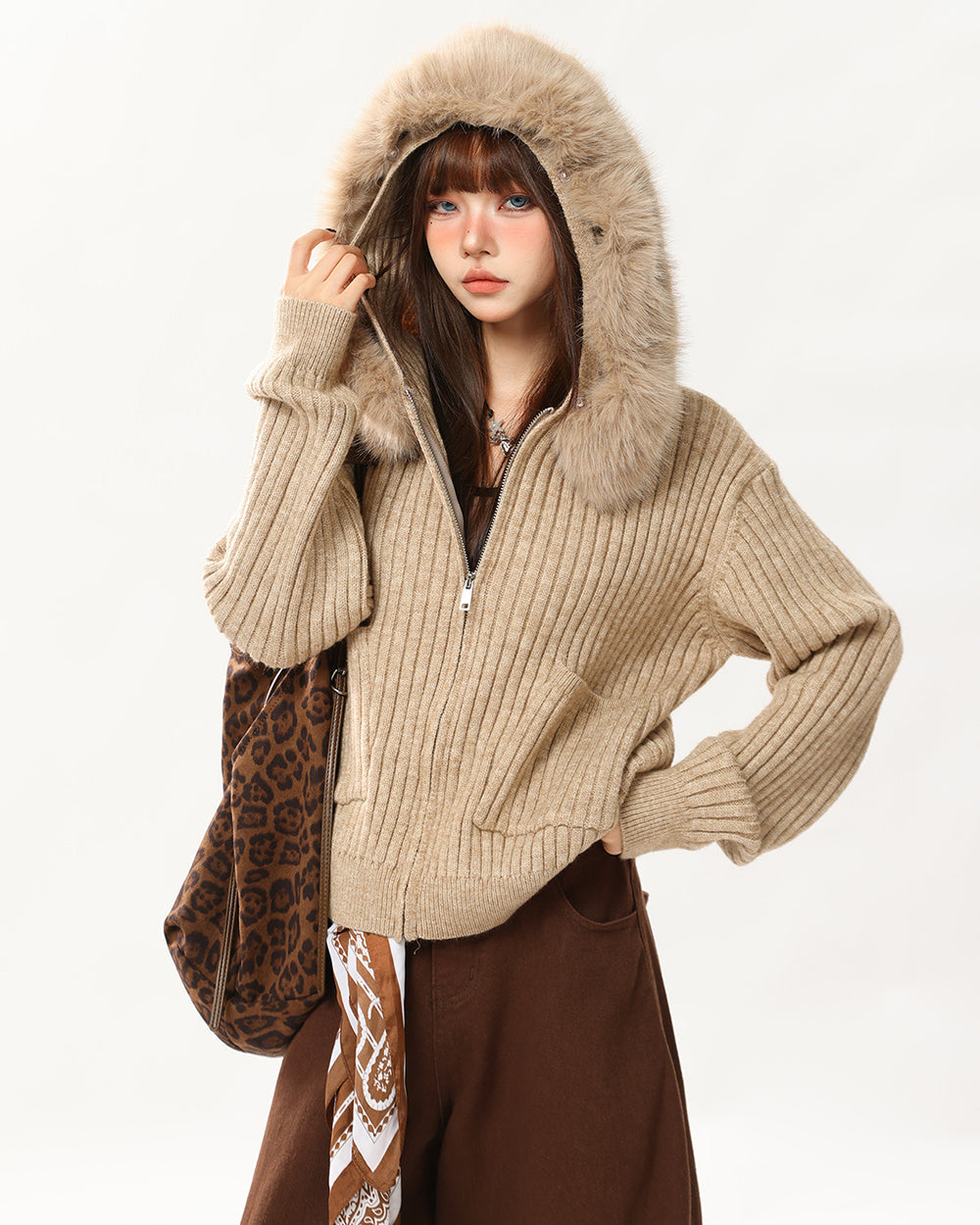 Y2K Style Fur Trim Zip Hoodie