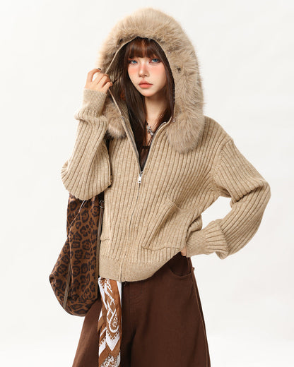 Y2K Style Fur Trim Zip Hoodie