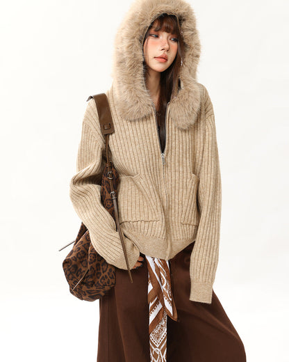 Y2K Style Fur Trim Zip Hoodie