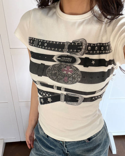 Y2K Western Belt Print Tee