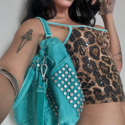 Y2K Leopard Print Sequin Tank Top