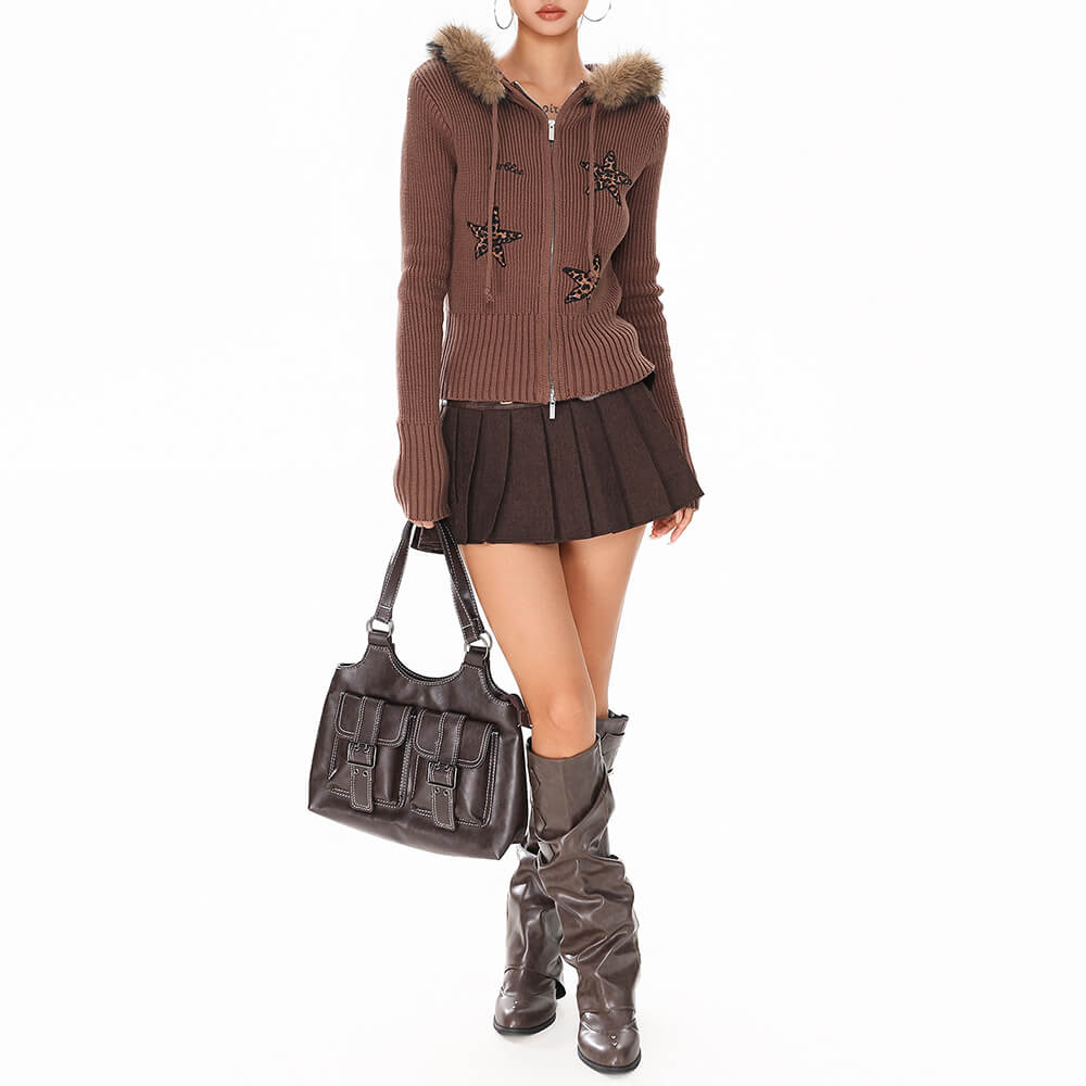 Y2K Star Fur Trim Zip Hoodie