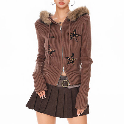 Y2K Star Fur Trim Zip Hoodie